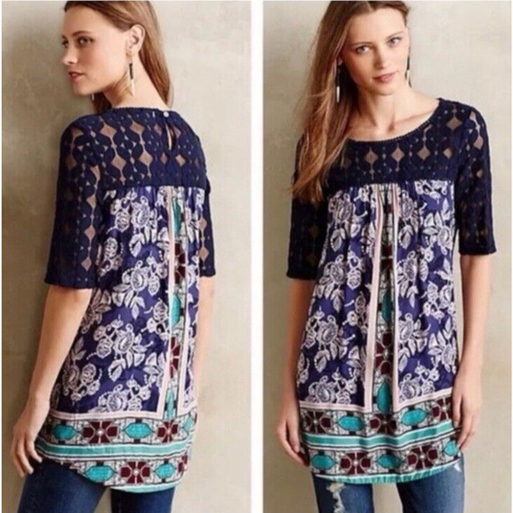 Akemi + Kin Anthropologie XS Navy Lace Floral Tunic Bohemian Eye‎ Catcher NWOT - Picture 1 of 10